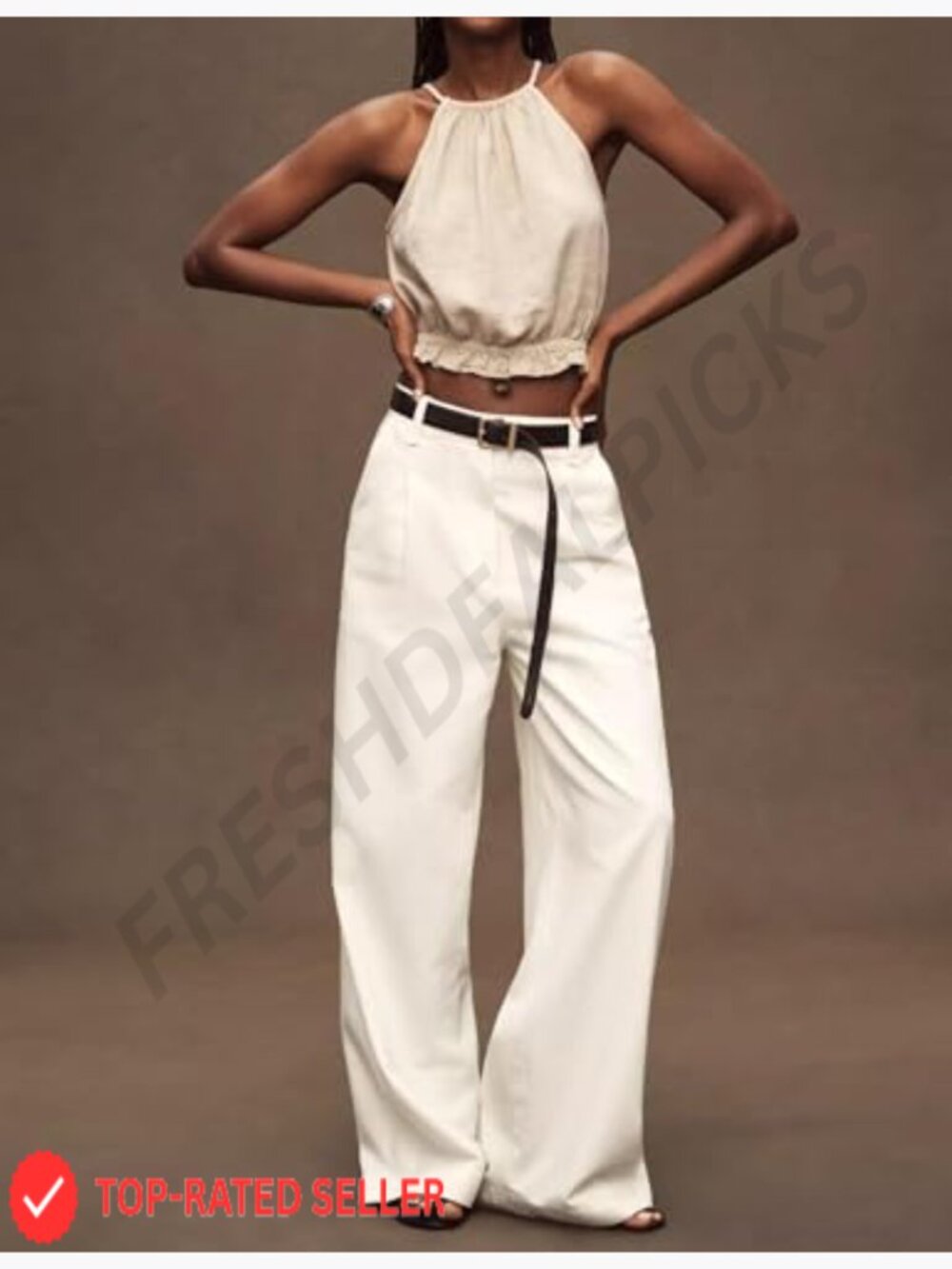 Cropped Halter Tank Top Sleeveless Summer Linen High Neck Cute Top - Picture 4 of 4